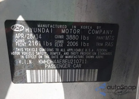 2014 Hyundai Elantra Se from USA, damaged, VIN KMHDH4AE8EU210711